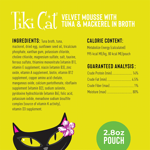 Wet Cat Food - VELVET MOUSSE - Tuna & Mackerel in Broth - 2.8 oz pouch - J & J Pet Club - Tiki Cat